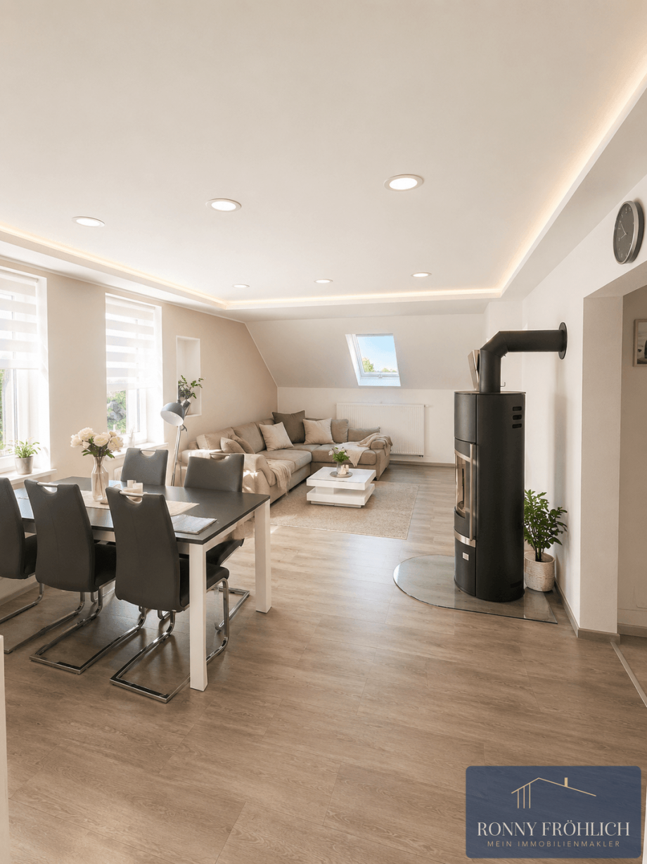 Wohnzimmer mit Kaminofen Dachgeschosswohnung Oelsnitz/Erzgebirge